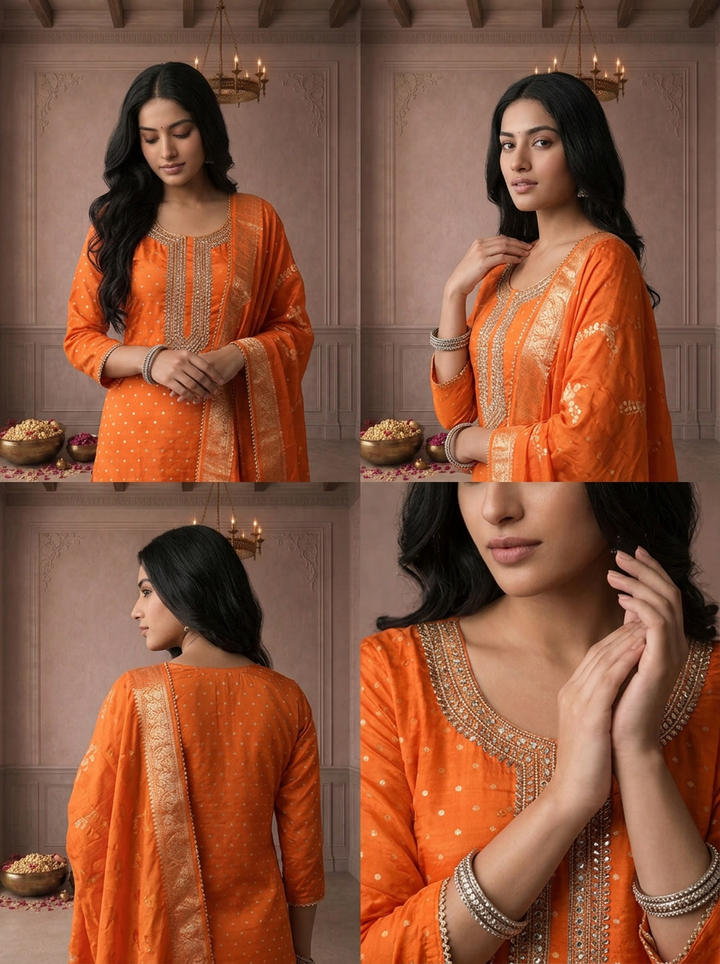 Orange Crepe Dot Printed Three Piece Set