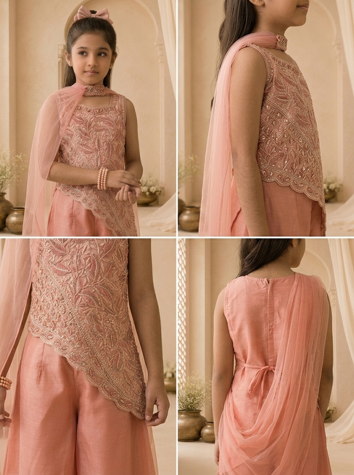Peach Tissue Thread And Stone Embroidered Palazzo Set
