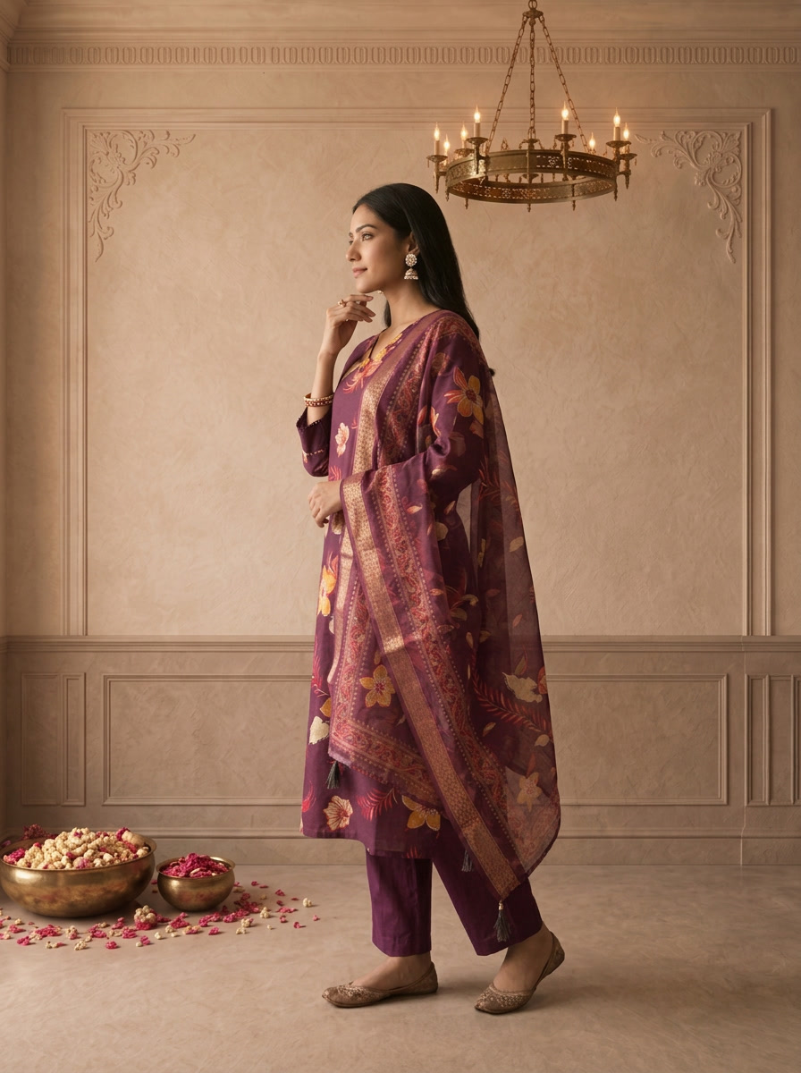Wine Modal Tropical Floral Printed Three Piece Set