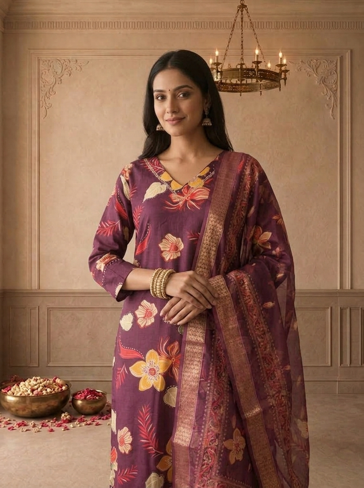 Wine Modal Tropical Floral Printed Three Piece Set