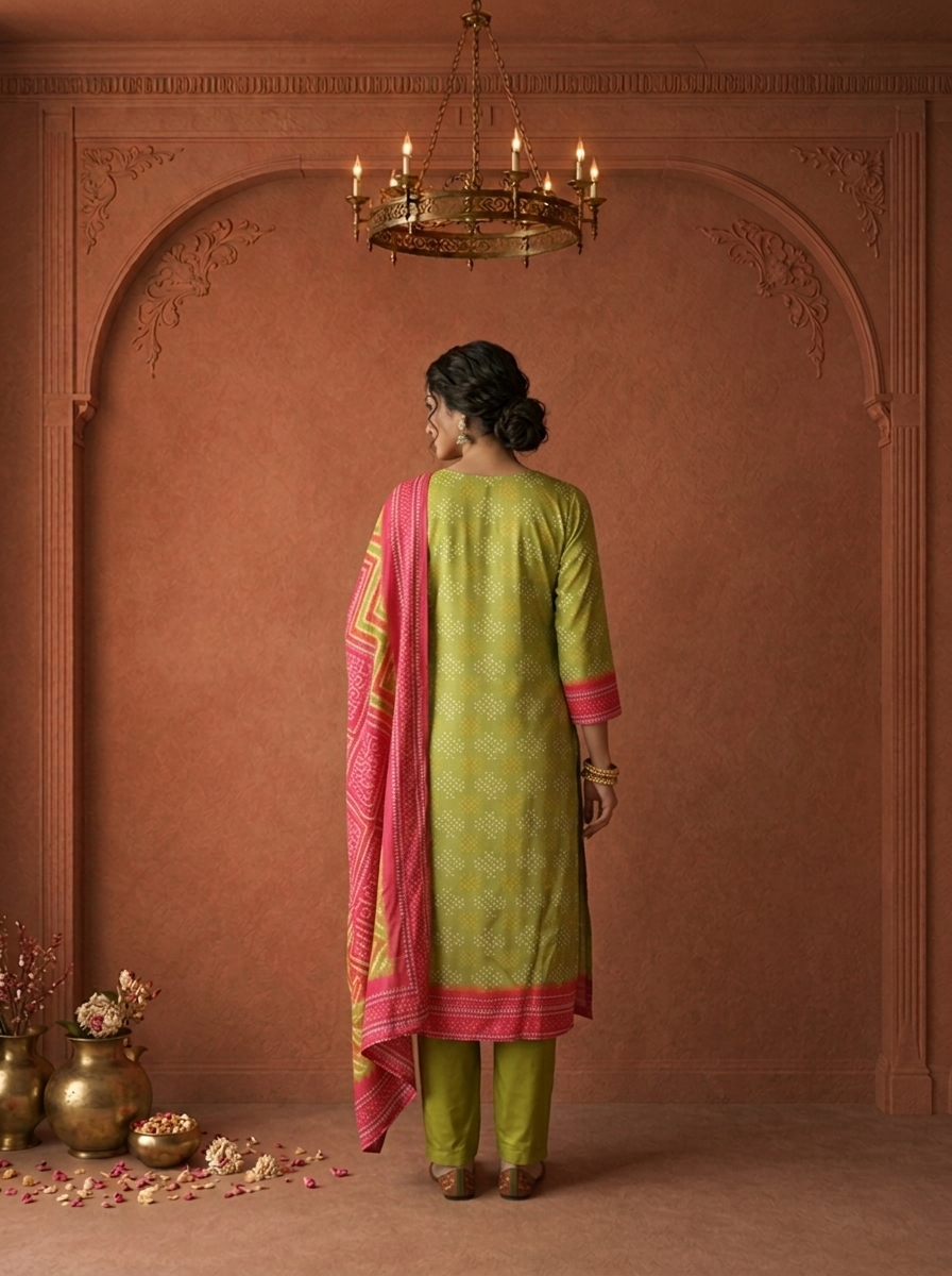 Mehadi Green Silk Bandhani Dot Printed Three Piece Set