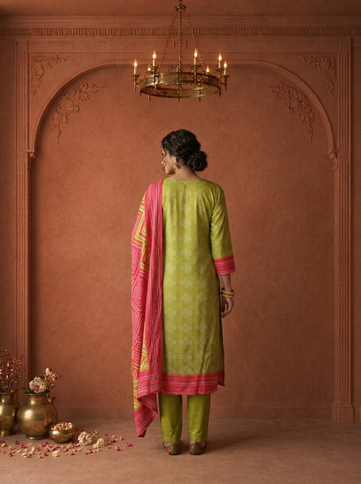 Mehadi Green Silk Bandhani Dot Printed Three Piece Set