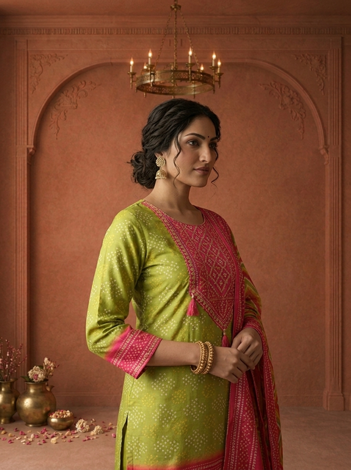 Mehadi Green Silk Bandhani Dot Printed Three Piece Set