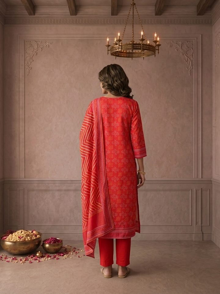 Red Silk Bandhani Dot Printed Three Piece Set