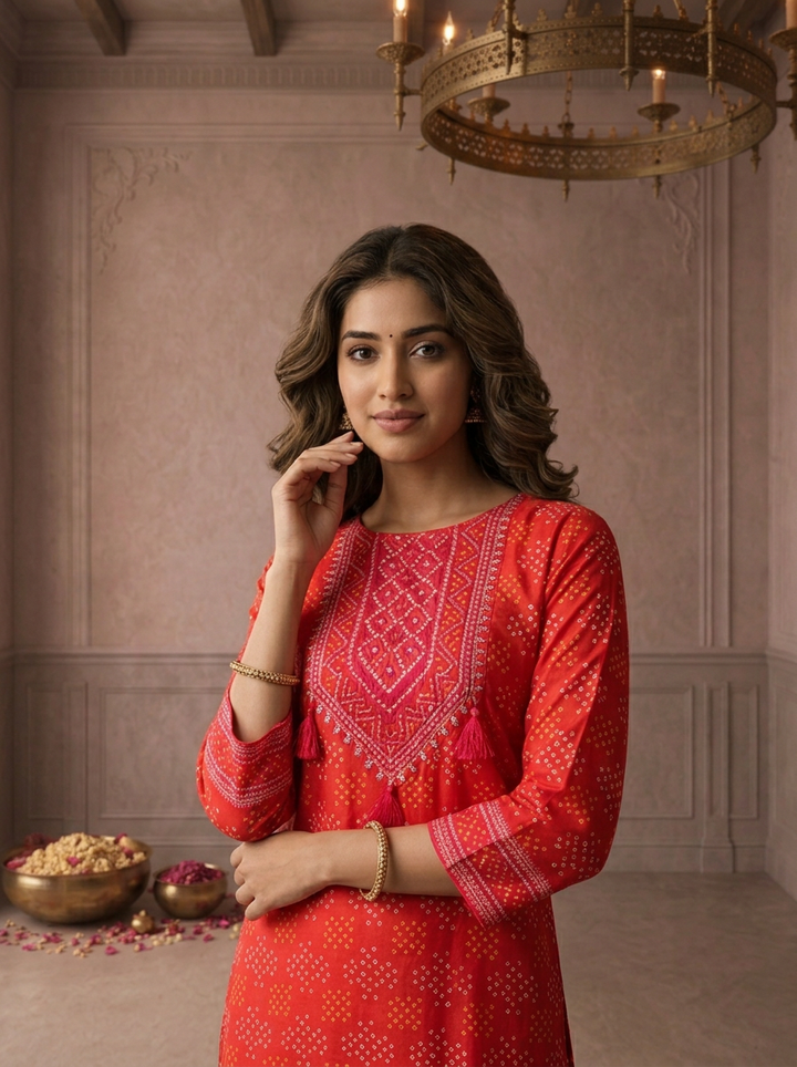Red Silk Bandhani Dot Printed Three Piece Set