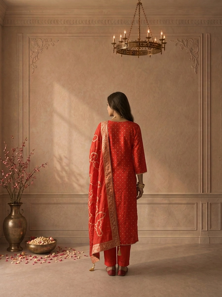 Red Crepe Gold Butti Printed Three Piece Set