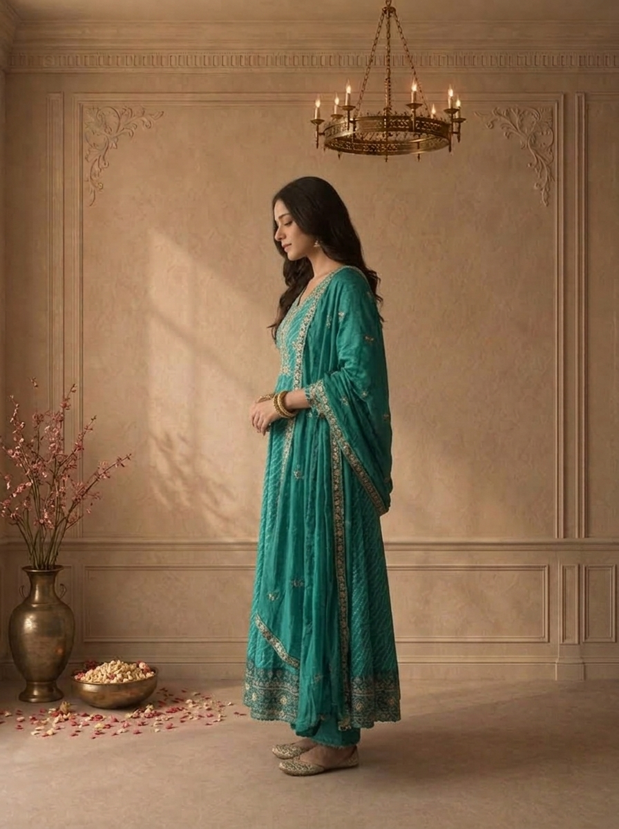 Rama Green Crepe Bandhani Leheriya Printed Three Piece Set
