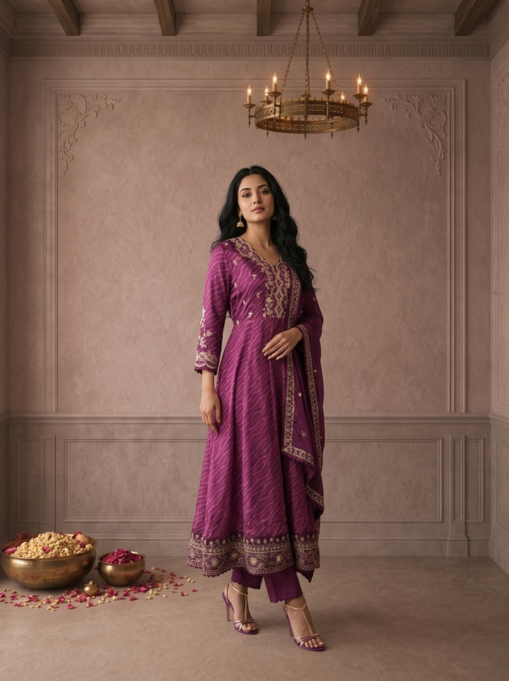 Purple Crepe Bandhani Leheriya Printed Three Piece Set