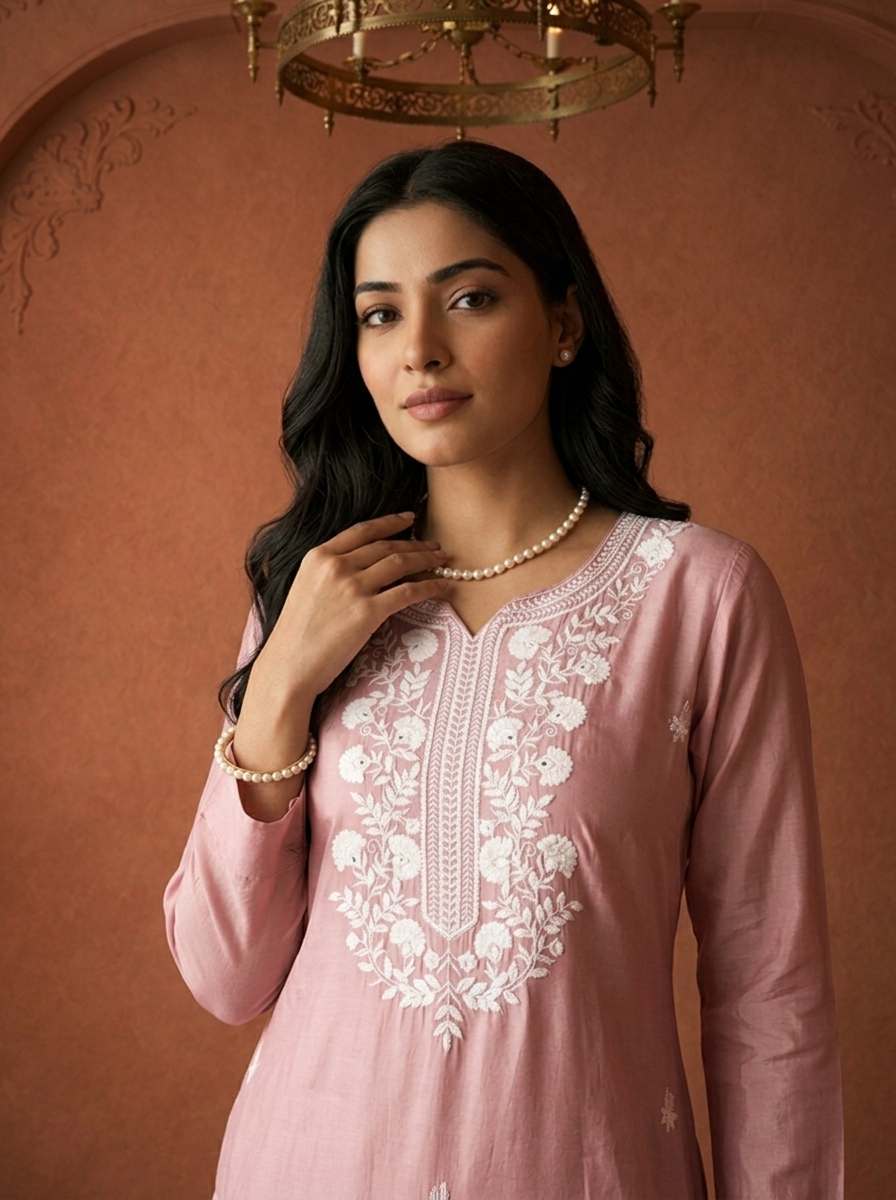 Lilac Muslin Floral Thread Embroidered Two Piece Set