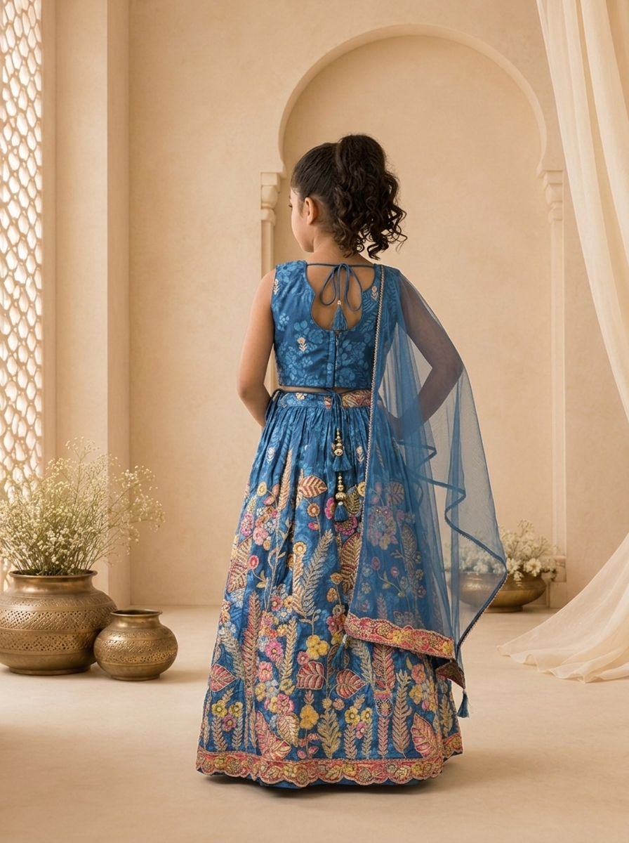 Blue Silk Multicolor Tropical Embroidered Ghagra Set