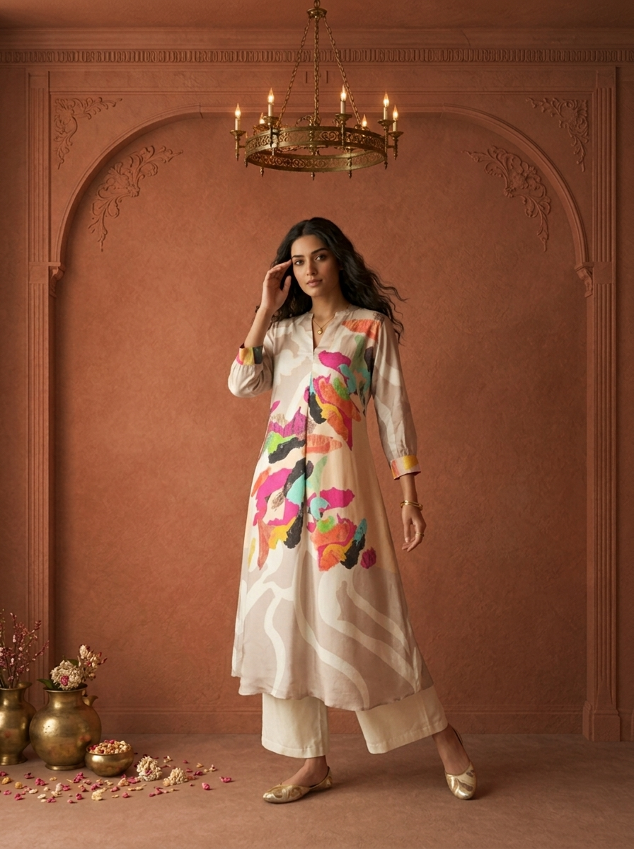 Off White Muslin Multicolor Abstract Brush Stroke Printed Kurta