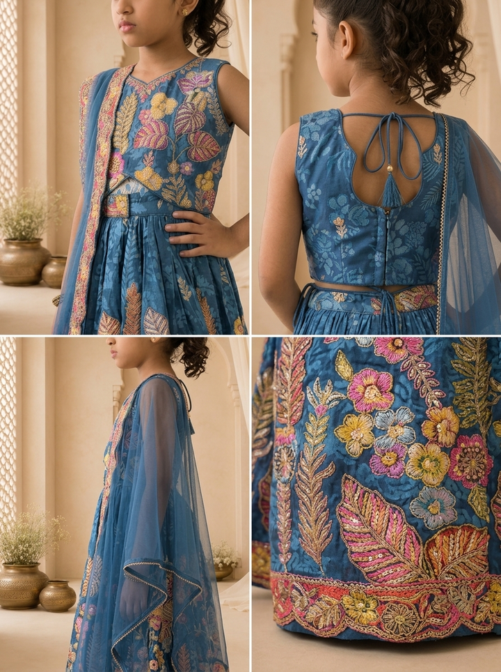 Blue Silk Multicolor Tropical Embroidered Ghagra Set