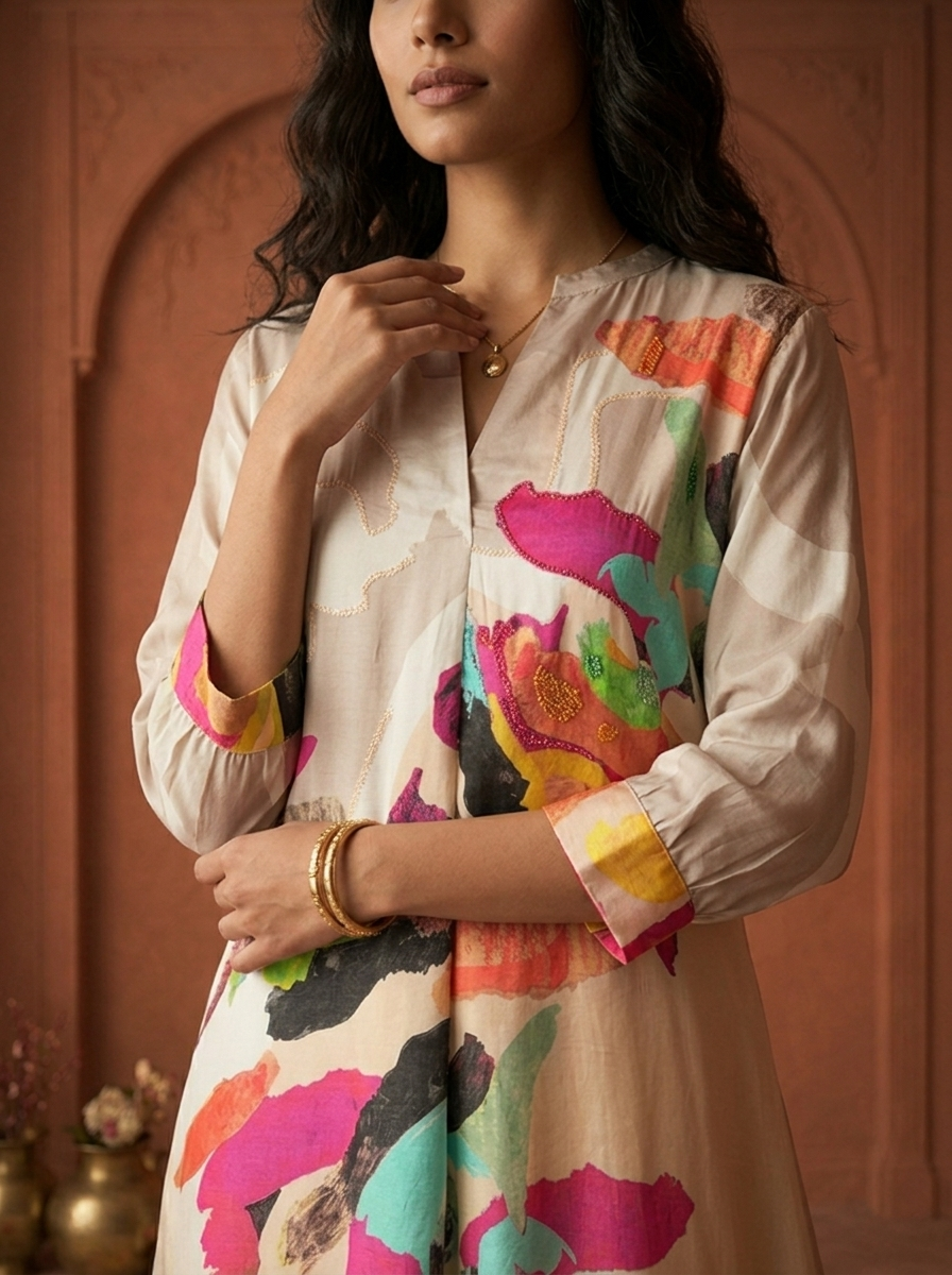 Off White Muslin Multicolor Abstract Brush Stroke Printed Kurta