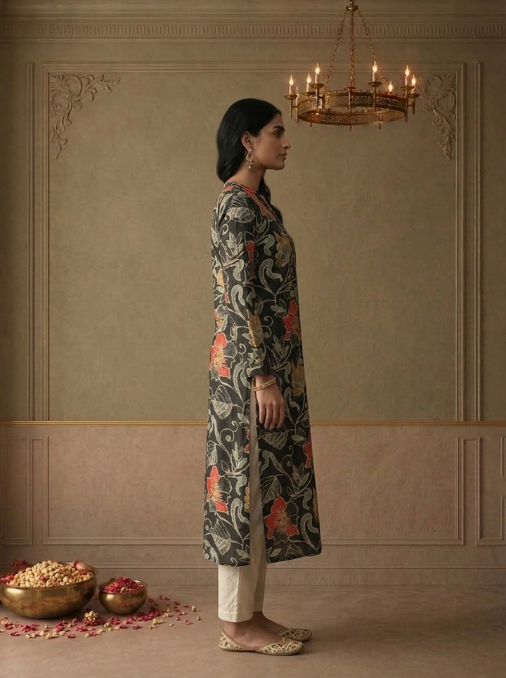 Black Silk Floral Batik Printed Kurta