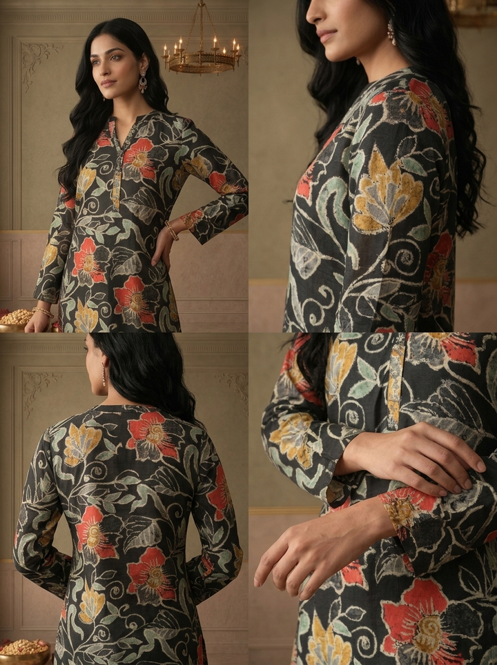 Black Silk Floral Batik Printed Kurta