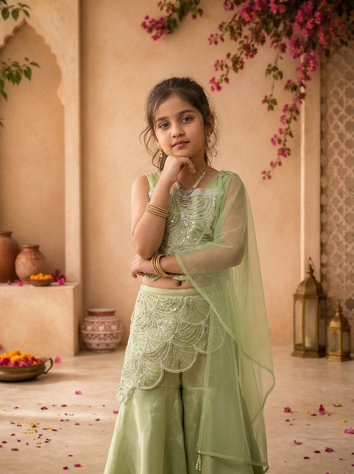 Pista Tissue Pearl And Sequin Embroidered Palazzo Set