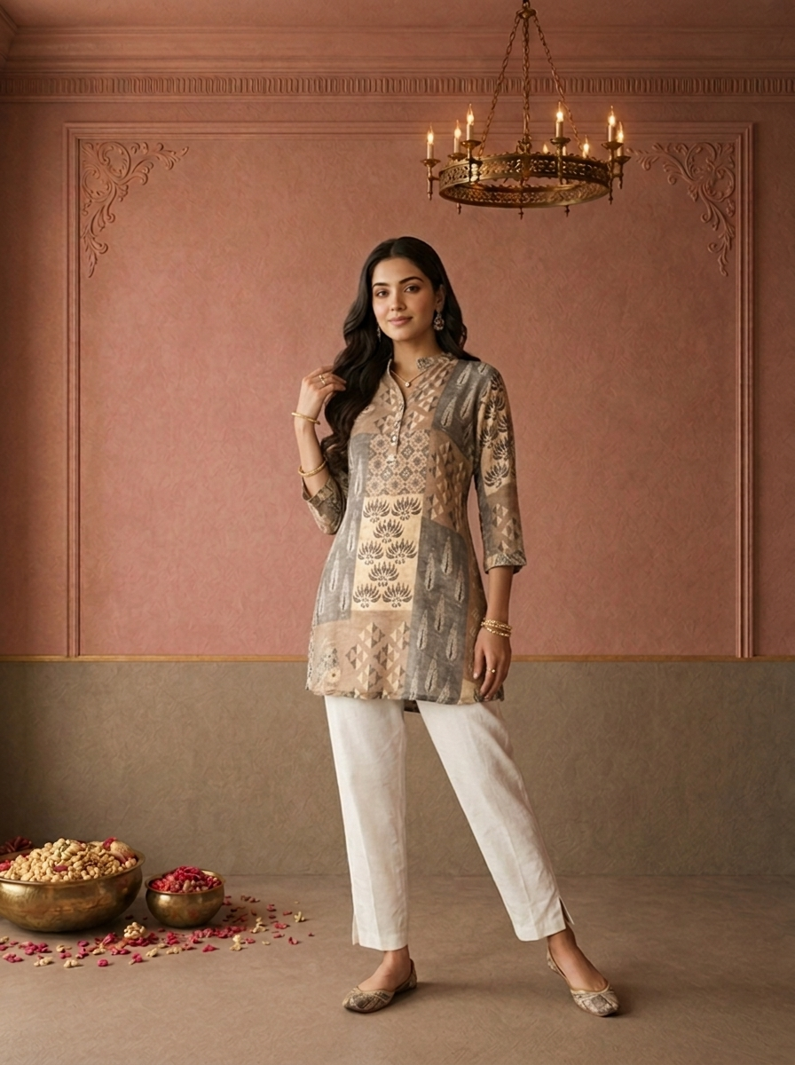 Olive Crepe Patchwork Box Printed Short Kurta