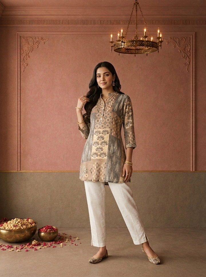 Olive Crepe Patchwork Box Printed Short Kurta