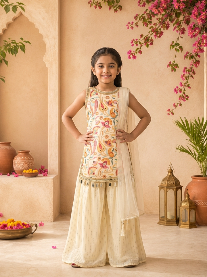 Cream Georgette Multicolor Kalamkari Printed And Embroidered Palazzo Set