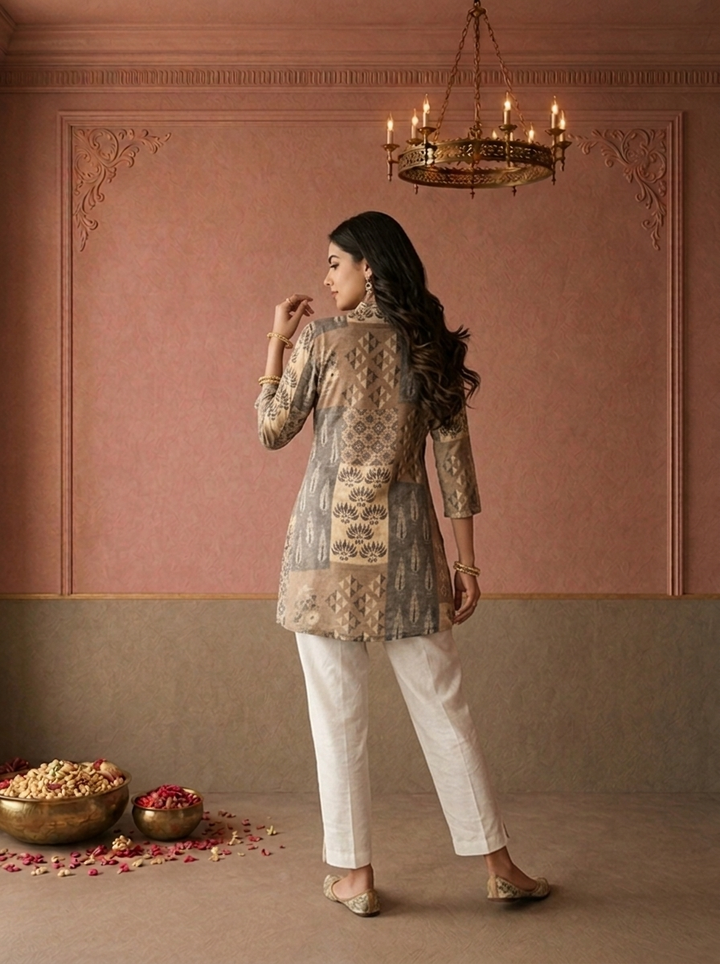 Olive Crepe Patchwork Box Printed Short Kurta