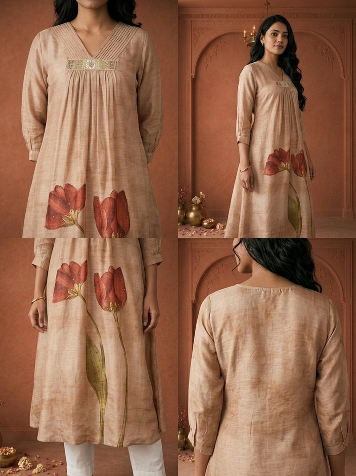 Beige Chanderi Tulip Floral Printed Kurta