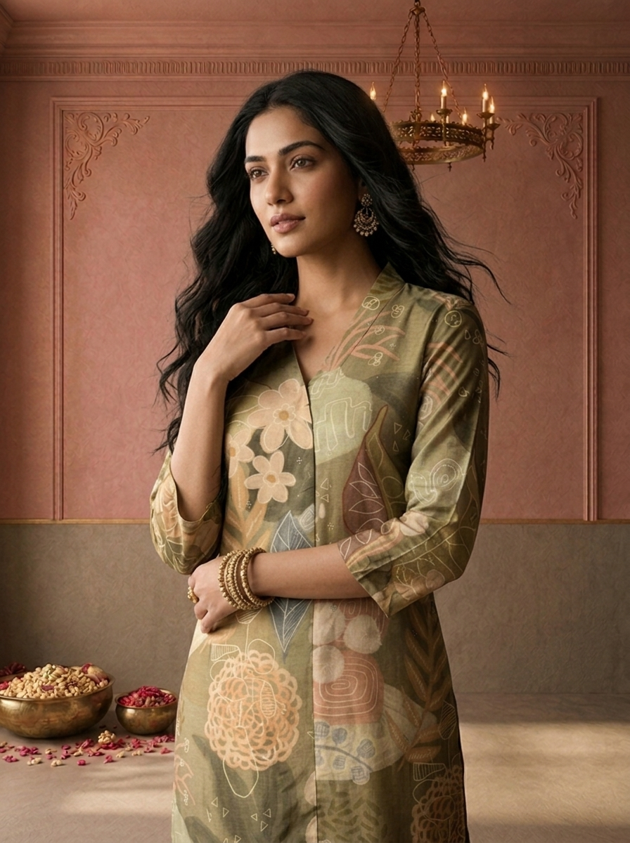 Olive Muslin Tropical Leaf And Floral Printed Kurta