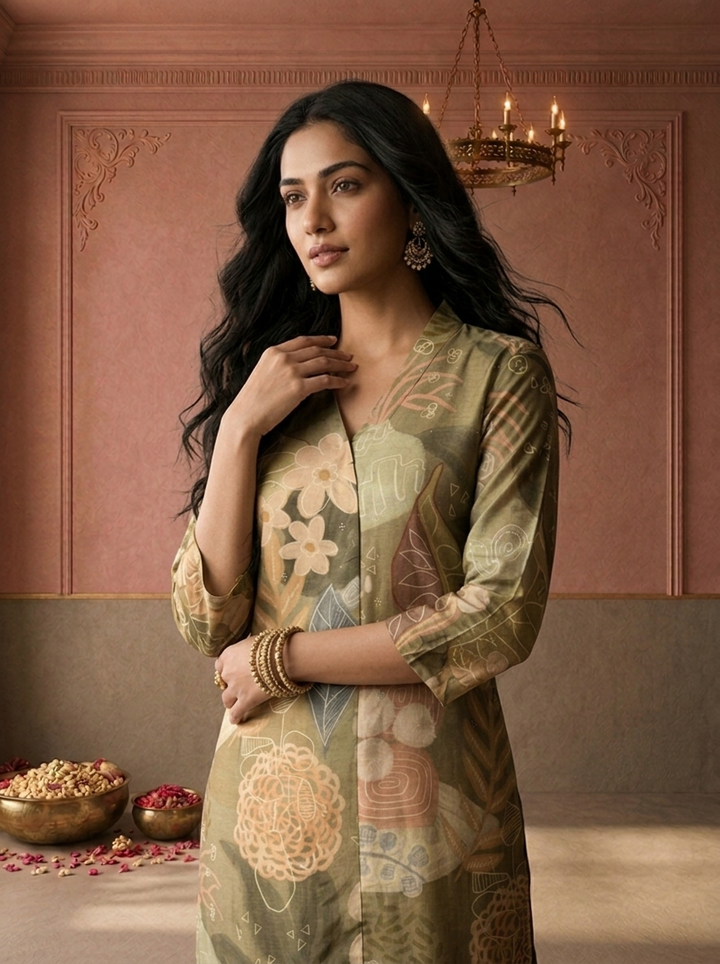 Olive Muslin Tropical Leaf And Floral Printed Kurta