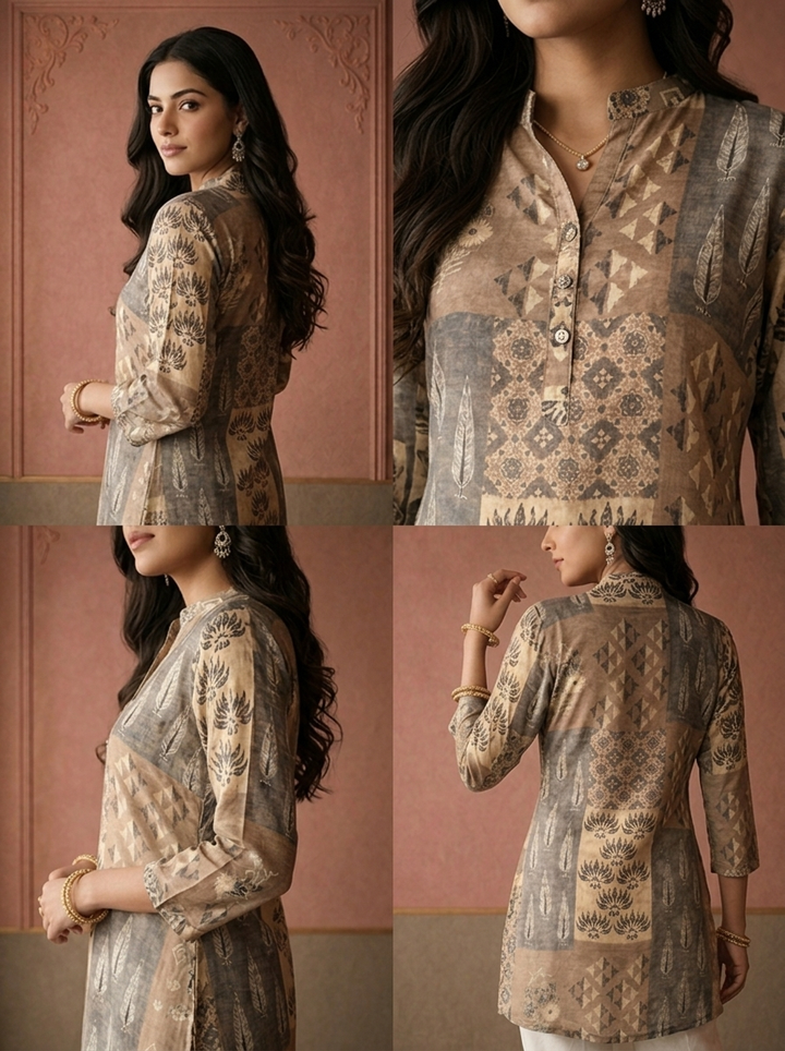 Olive Crepe Patchwork Box Printed Short Kurta
