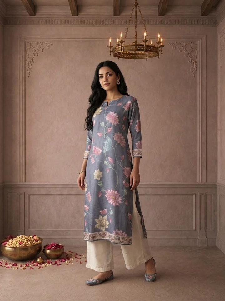Grey Muslin Lotus Floral Printed Kurta