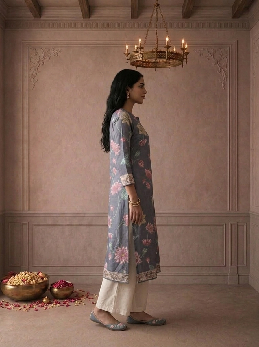 Grey Muslin Lotus Floral Printed Kurta