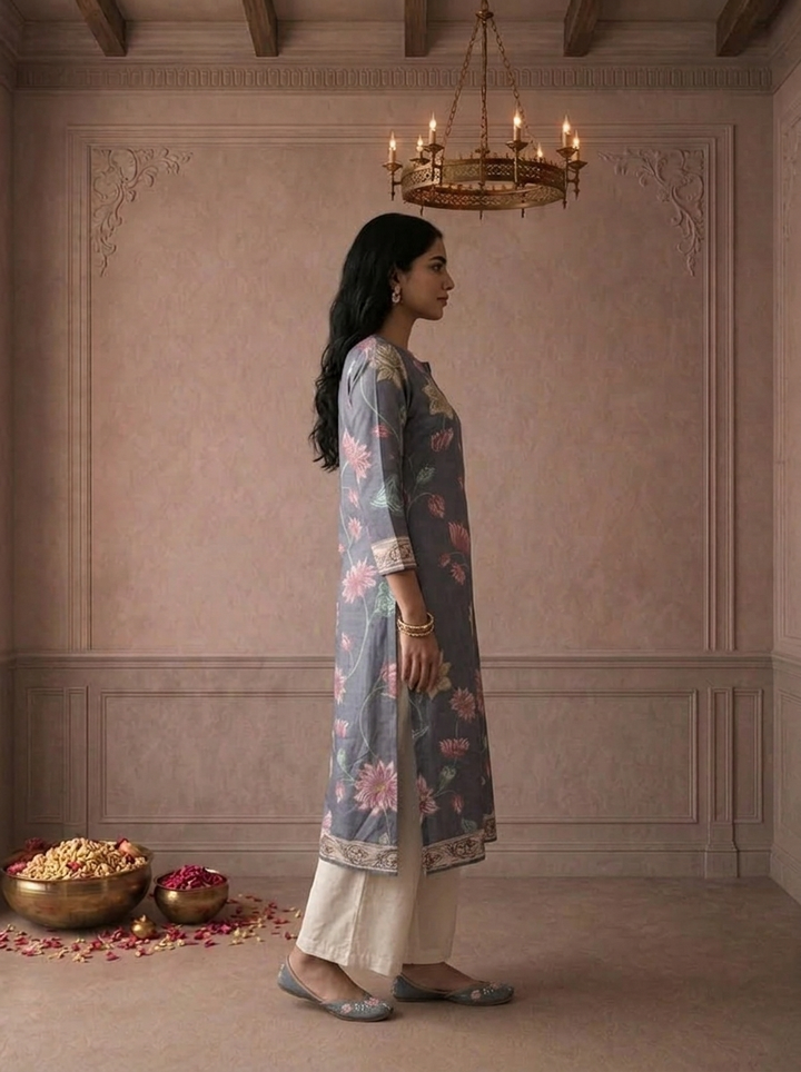 Grey Muslin Lotus Floral Printed Kurta