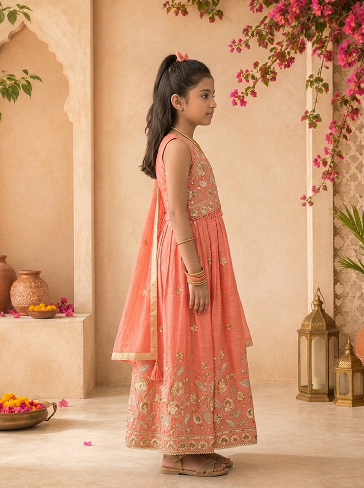 Coral Tissue Sequins Floral Embroidered Ghagra Set