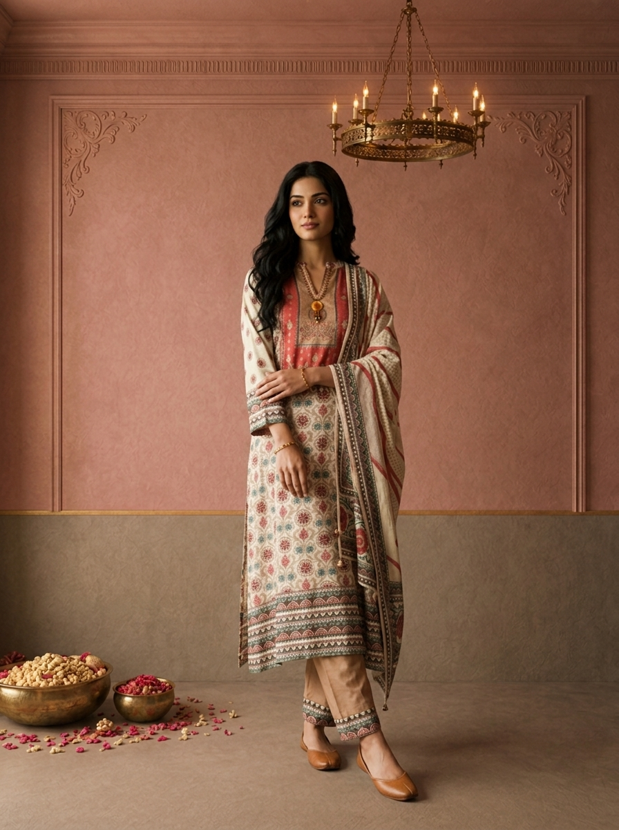 Cream Crepe Mughal Damask Printed Three Piece Set