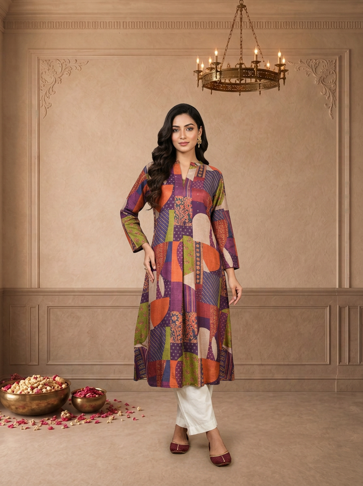 Multicolor Muslin Abstract Patchwork Printed Kurta