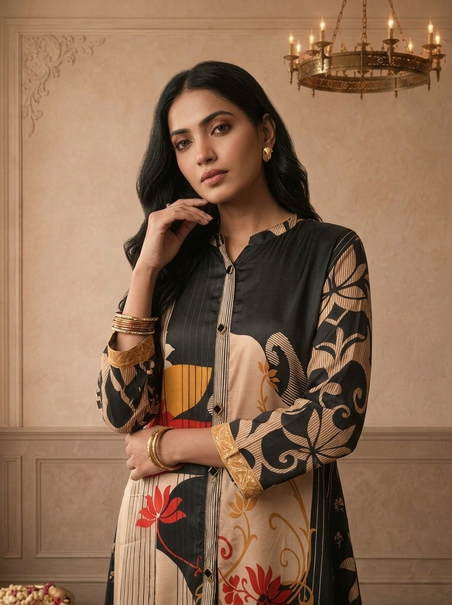 Black Crepe Abstract Floral Printed Two Piece Set