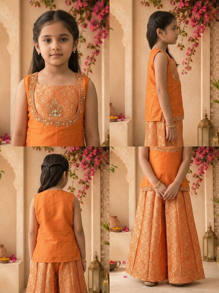 Orange Banaras Floral Motif Embroidered Palazzo Set