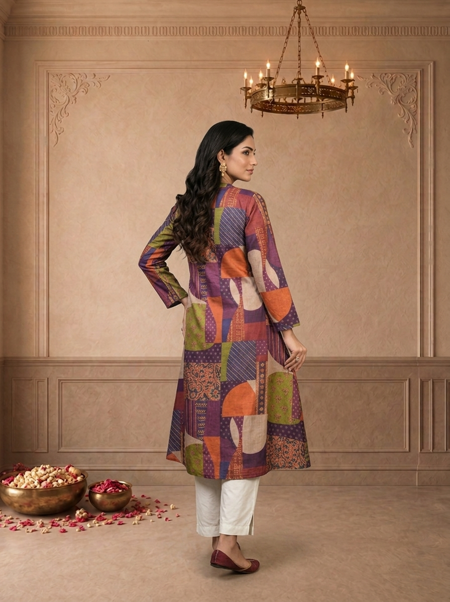 Multicolor Muslin Abstract Patchwork Printed Kurta