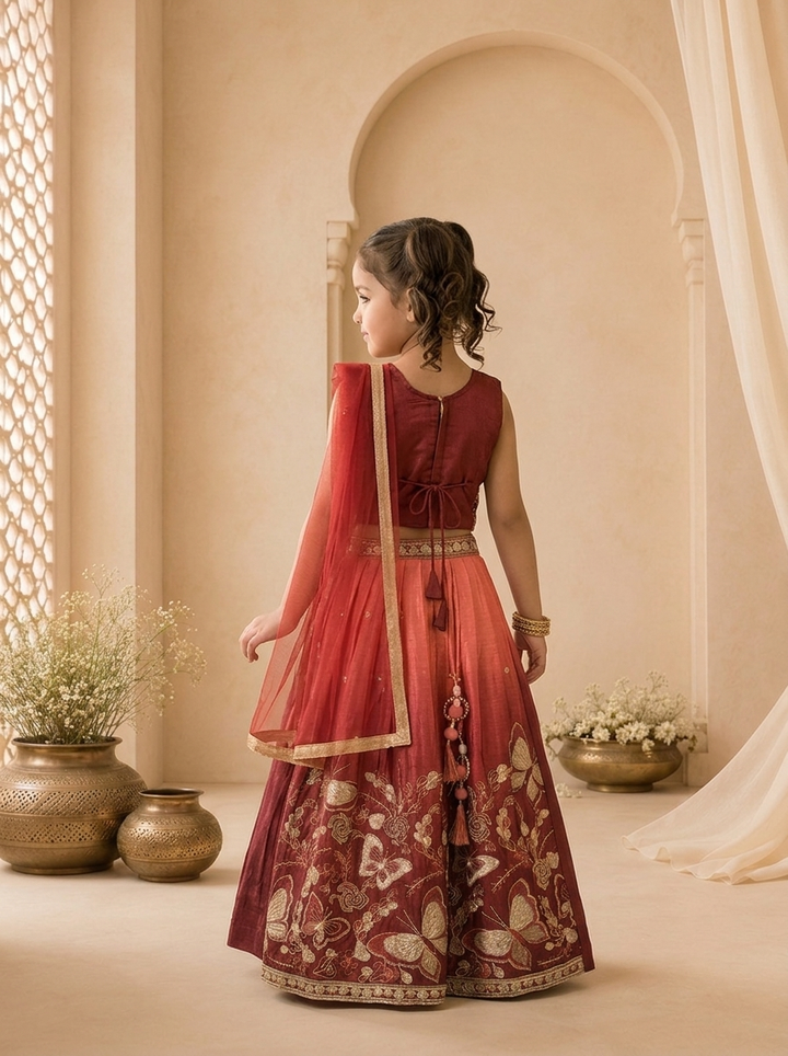 Maroon Georgette Butterfly Floral Thread Embroidered Ghagra Set