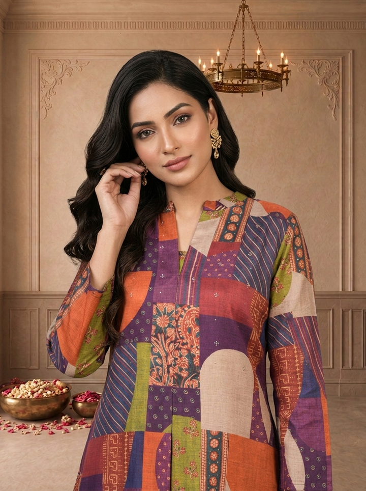 Multicolor Muslin Abstract Patchwork Printed Kurta