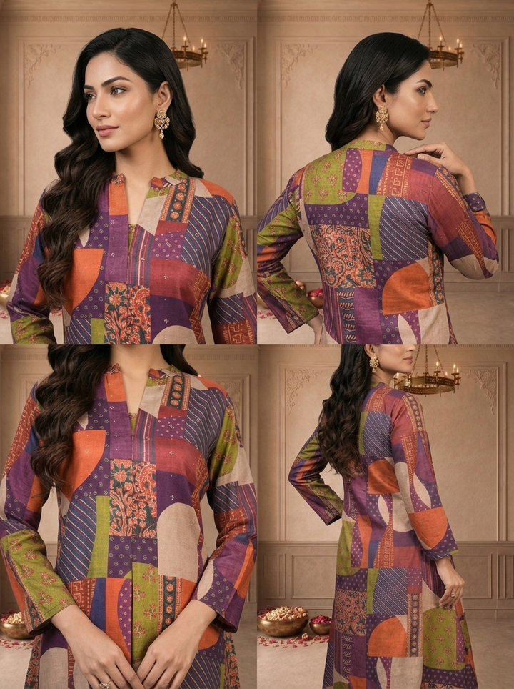 Multicolor Muslin Abstract Patchwork Printed Kurta