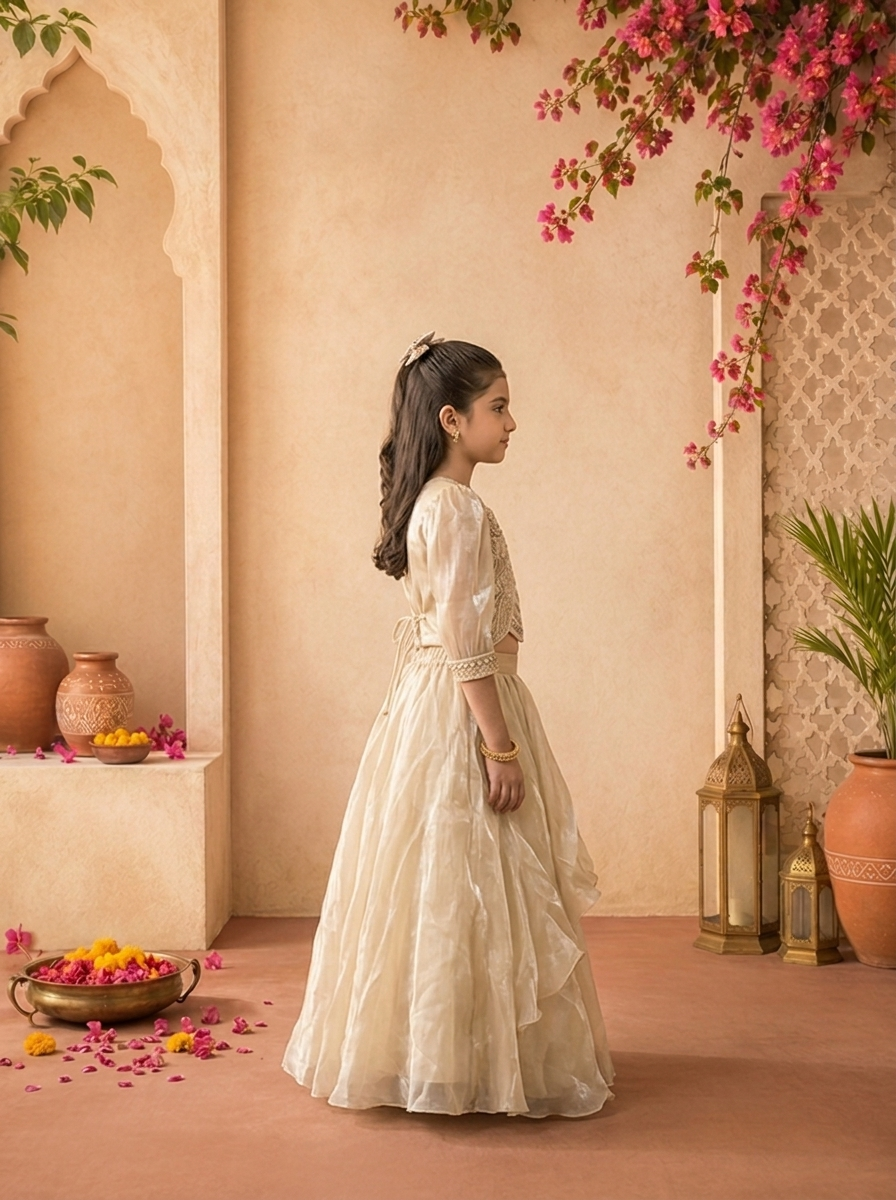 Beige Tissue Thread Embroidered Ghagra Set