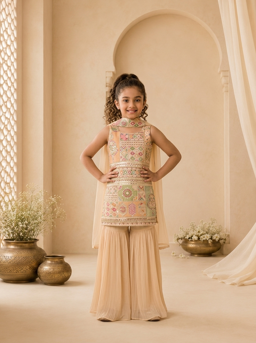 Beige Georgette Multicolor Thread And Zari Embroidered Sharara Set