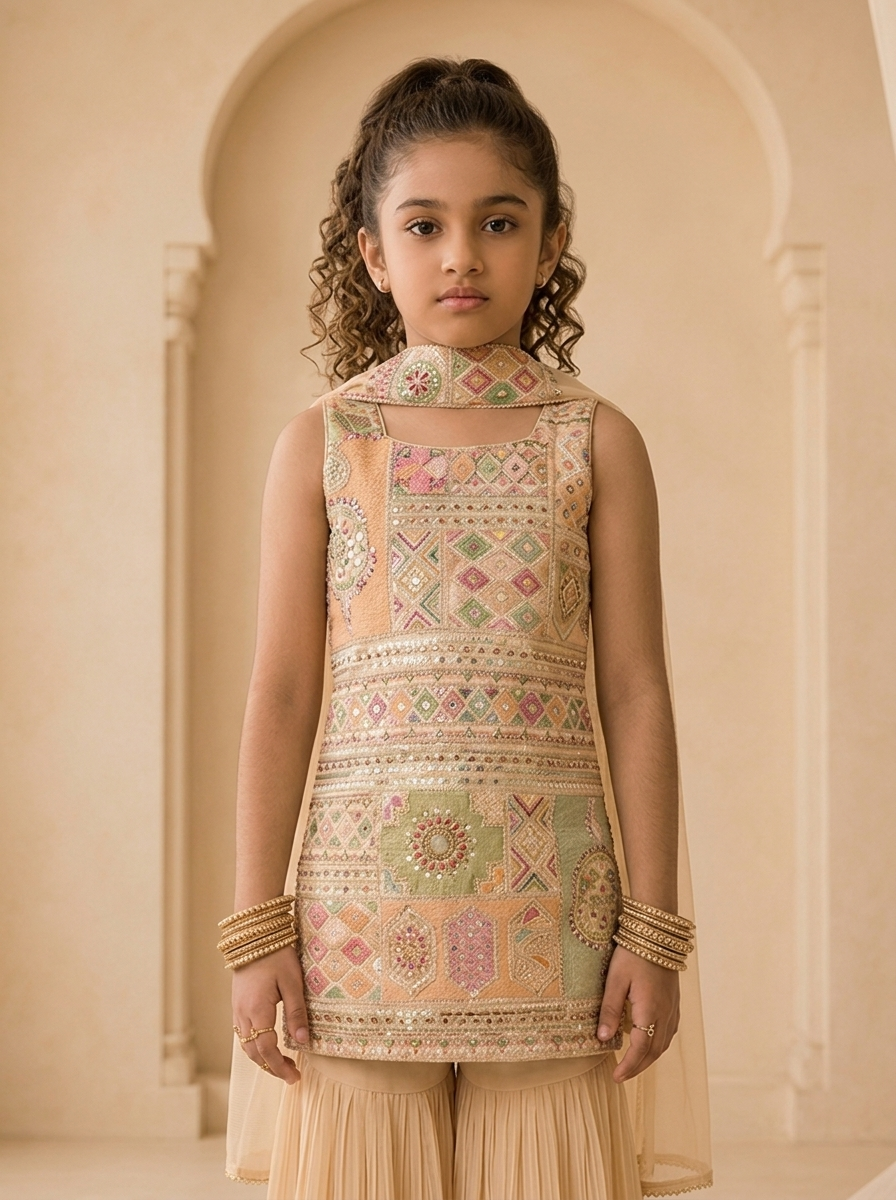 Beige Georgette Multicolor Thread And Zari Embroidered Sharara Set