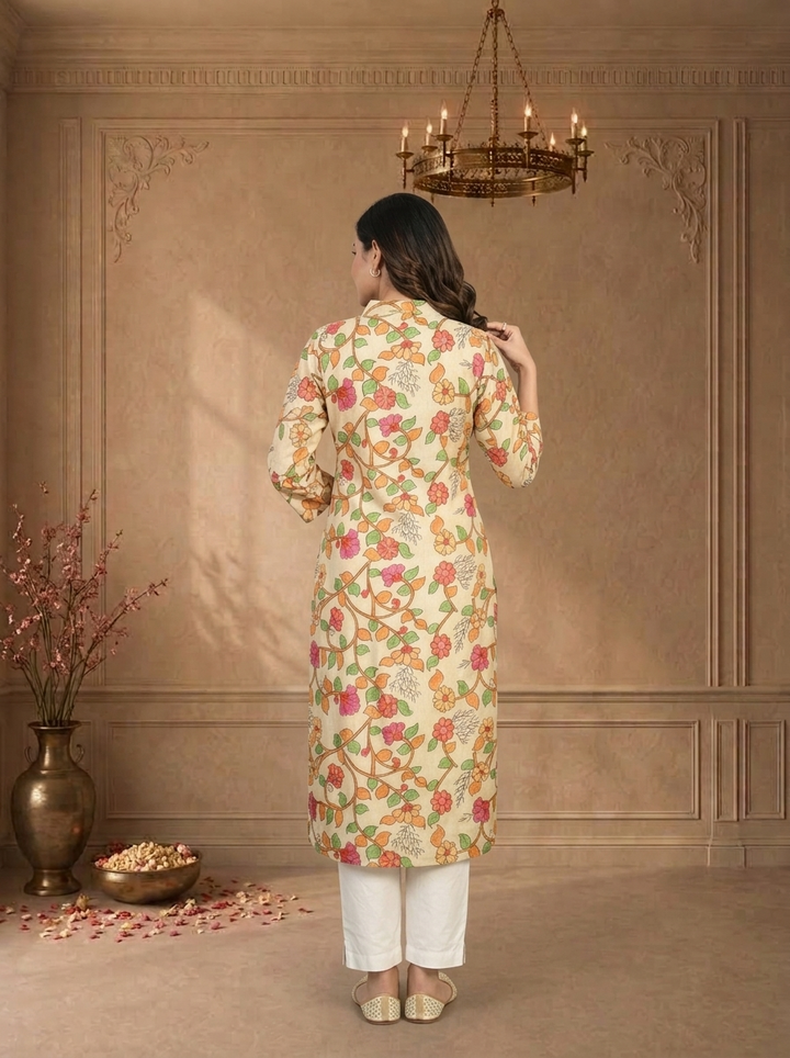 Cream Muslin Kalamkari Floral Vine Printed Kurta