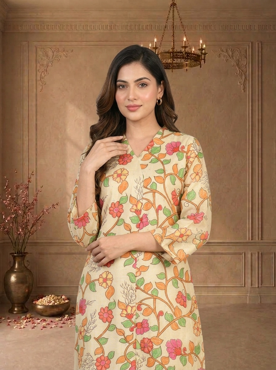 Cream Muslin Kalamkari Floral Vine Printed Kurta