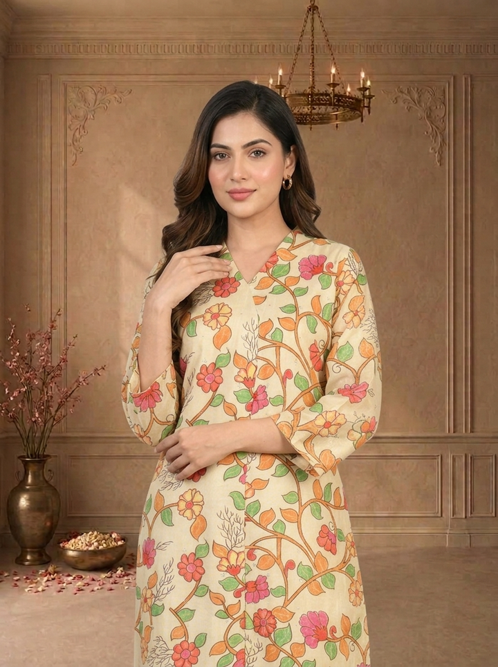 Cream Muslin Kalamkari Floral Vine Printed Kurta