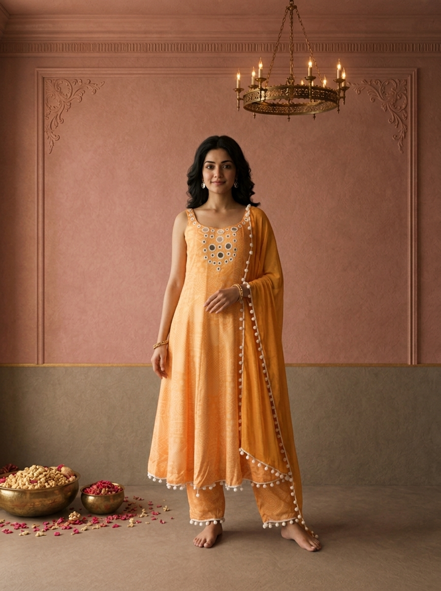 Yellow Chinon Bandhej Tribal Patch Printed Three Piece Set