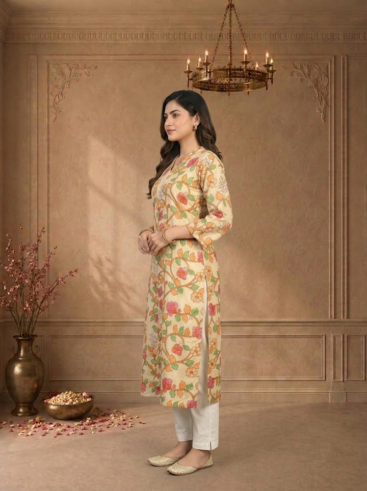 Cream Muslin Kalamkari Floral Vine Printed Kurta