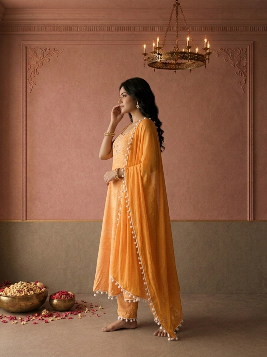 Yellow Chinon Bandhej Tribal Patch Printed Three Piece Set