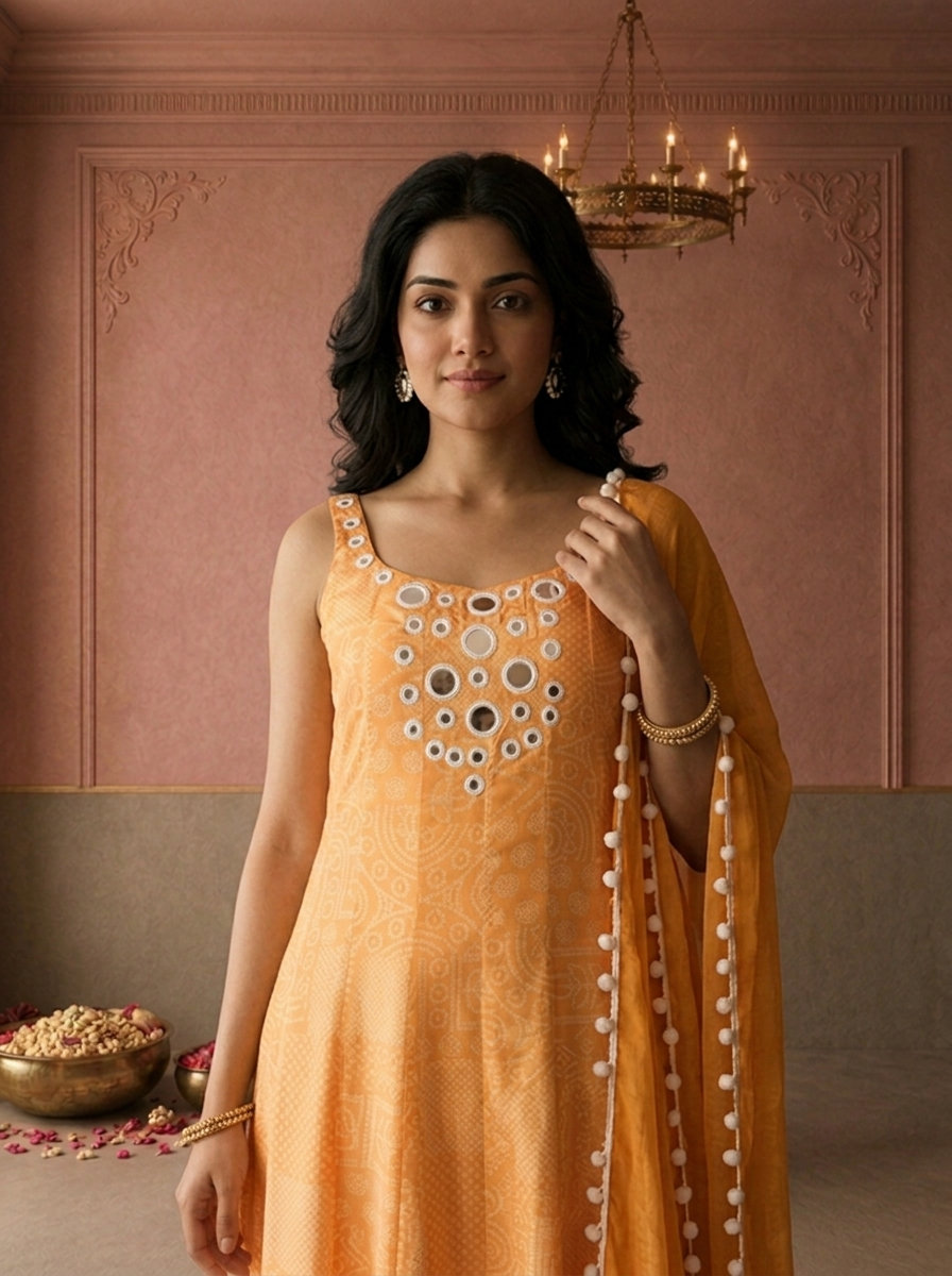 Yellow Chinon Bandhej Tribal Patch Printed Three Piece Set